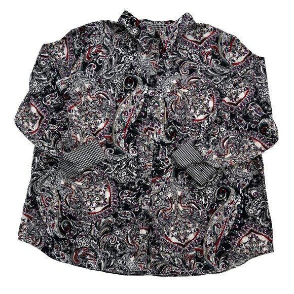 Chaps No Iron Button Up Shirt Flip Cuff Black Paisley Cotton Preppy Womens 3X - Picture 1 of 12